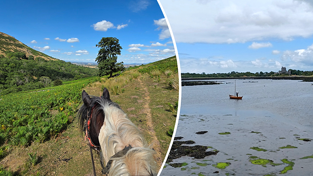 Split image showing a horseback ride along a green hillside trail beneath blue skies on the left and a small sailboat on a calm coastal bay under broken clouds on the right.