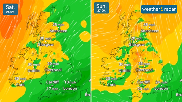 Split wind forecast for Saturday 26.09 and Sunday 27.09 showing 30 mph winds across Ireland, with Aberdeen rising from 25 to 35 mph.