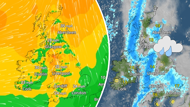 Split weather graphic showing Sunday winds up to 35 mph near Aberdeen alongside a broad rain band crossing the UK and Ireland.