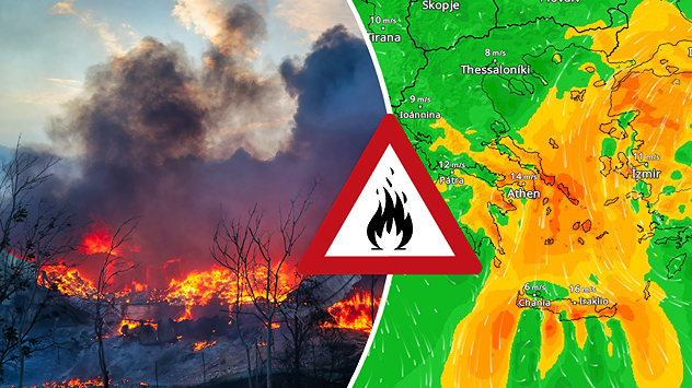 VindRadar over Sydøsteuropa med høj skovbrandrisiko kombineret med foto af omfattende naturbrand.