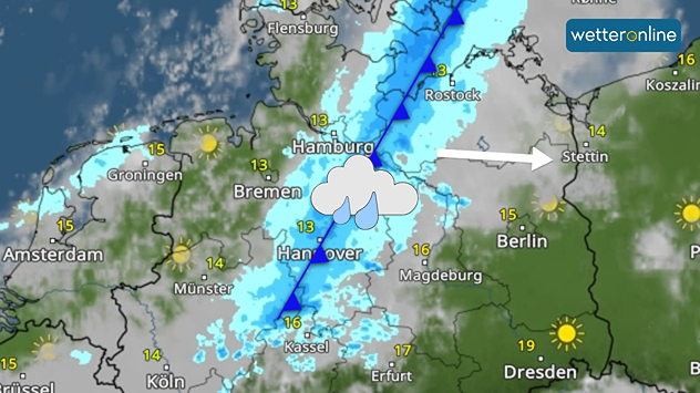 WetterRadar: Ein Regenband, das zu einer Kaltfront gehört, zieht morgen über den Norden hinweg.