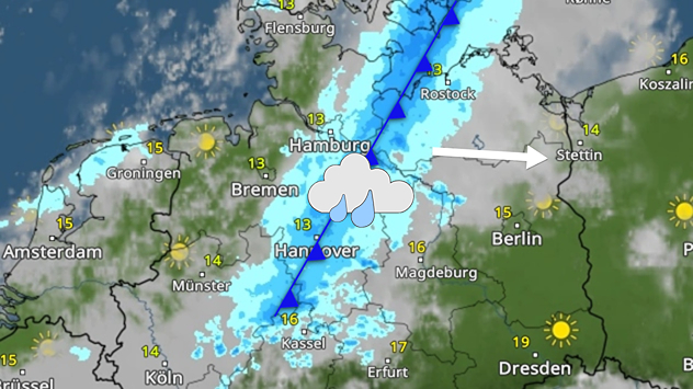 WetterRadar: Ein Regenband, das zu einer Kaltfront gehört, zieht morgen über den Norden hinweg.