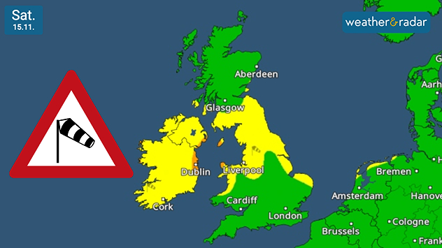 Weather map of the UK and Ireland dated Saturday 15 November showing yellow wind warnings across western regions and a wind hazard symbol on the left.