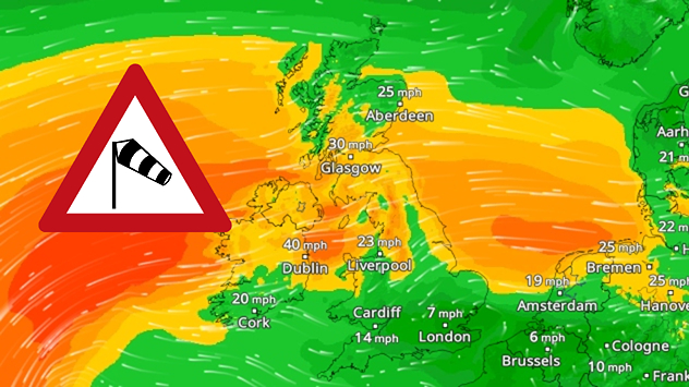 Weather map of the UK and Ireland showing orange-red wind zones with gusts up to 40 mph near Dublin and Glasgow, overlaid with a triangular wind warning symbol on the left.