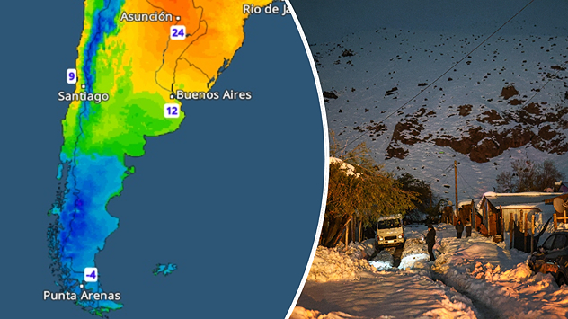 Kombigrafik mit TemperaturRadar über Südamerika und einem verschneiten Ort in Chile. Die Winterkälte bringt in den Anden große Schneemengen und regional Schnee bis in tiefere Lagen.