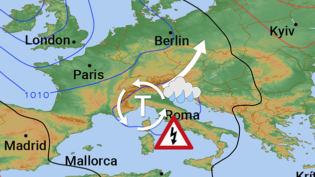Carte météo avec dépression 5b au-dessus de l'Italie, trajectoire vers la Pologne, nuages de pluie et symbole d'alerte pour orages et fortes pluies.