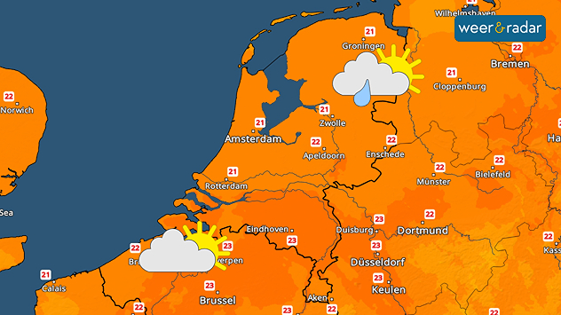 Temperatuurkaart met 21 graden in het noorden van Nederland tot 23 graden in het zuiden. In het noorden staat een icoontje met wat zon, wolken en een bui. In het zuiden alleen met wat zon en wolken.
