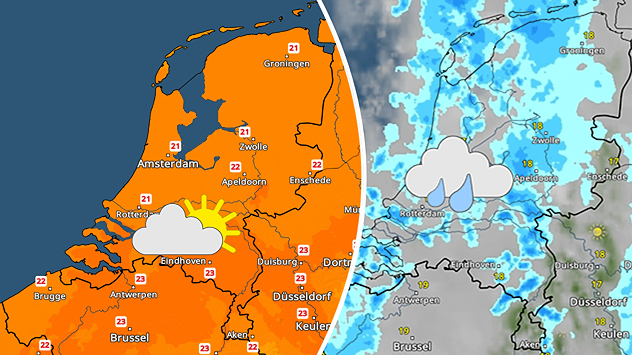 Links een afbeelding van de TemperatuurRadar met 21 tot 23 graden op zaterdag en rechts een afbeelding met de WeerRadar met buiige regen op zondag.