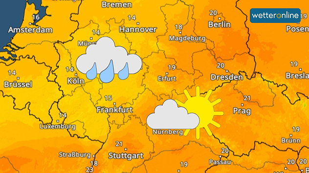 TemperaturRadar für Mittwochnachmittag mit Wettersymbolen
