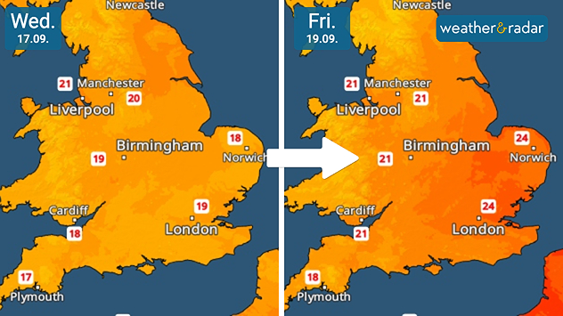 Weather map showing forecast temperatures for England and Wales on Wednesday 17 September and Friday 19 September. On Wednesday, most areas range between 17°C and 21°C, while by Friday temperatures rise, with London and Norwich reaching 24°C and many regions showing 21°C. The colour shading shifts from lighter to darker orange, indicating a general warming trend.