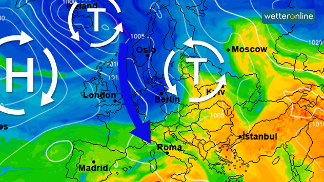 Eine Wetterkarte von Europa zeigt ein Tief über Mitteleuropa, eher kühle Luftmassen über Westeuropa und mildere Luftmassen über Osteuropa.