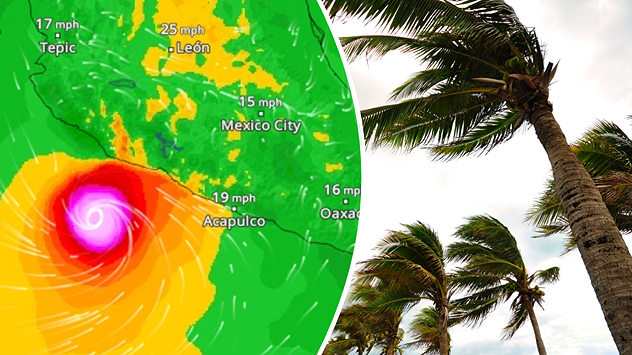 Split image showing a powerful tropical system southwest of Acapulco on a wind map and palm trees bending sharply in strong winds.
