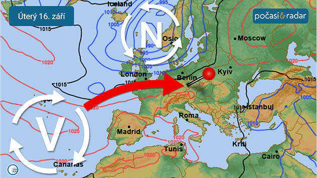 Předpověď synoptické situace nad Evropou na úterý 16. září, mapa: Česko se bude v nejbližších dnech nacházet převážně v teplejším západním až jihozápadním proudění v prostoru mezi tlakovou níží nad severozápadní/severní Evropou a tlakovou výší nad jihozápadní Evropou.