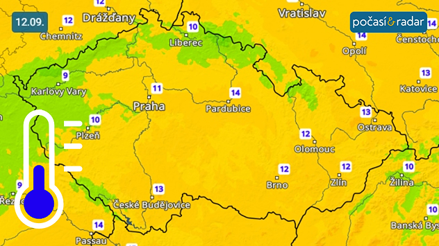 Předpověď minimálních denních teplot v Česku na pátek 12. 9. Naopak minimální noční teploty budou klesat nejčastěji k hodnotám mezi 14 až 8 °C.