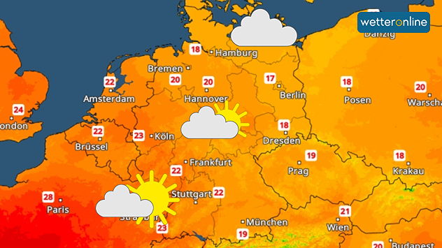Wetterkarte für Montagnachmittag mit Sonne und Wolken sowie Temperaturen zwischen 17 und 23 Grad.