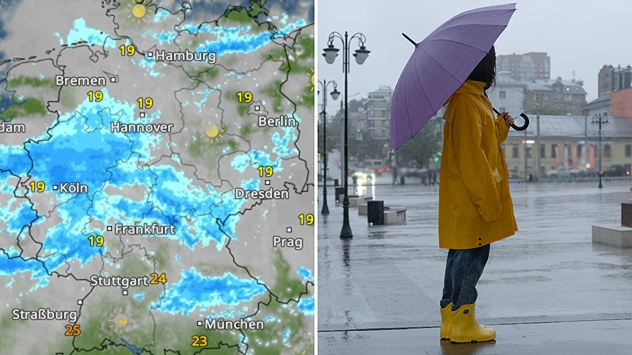 WetterRadar mit Regen quer über Deutschland, daneben eine Frau mit Regenschirm vor grauem, tristen Himmel in einer Stadt