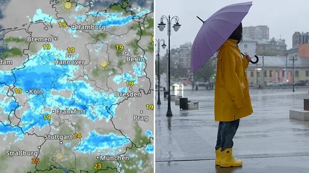 WetterRadar mit Regen quer über Deutschland, daneben eine Frau mit Regenschirm vor grauem, tristen Himmel in einer Stadt