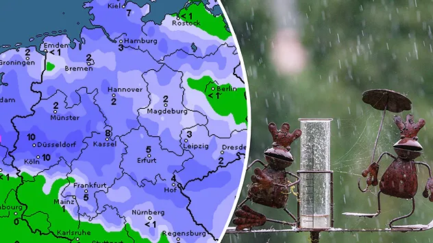 Links eine Karte mit Regenmengen seit Samstagabend, meist zwischen 1 und 5, im Westen örtlich um 10 Liter pro Quadratmeter. Rechts eine Figur mit Regenschirm neben einem Regenmesser im Regen.