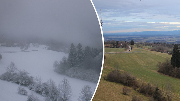 Vergleich: Der Hohenpeißenberg heute nach und gestern vor den Schneefällen vom Morgen.