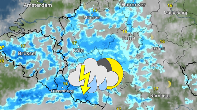 Wetterkarte zeigt ein Regengebiet mit Gewittern, das sich von Brüssel und Luxemburg in Richtung Köln und Frankfurt bewegt. Helle Blitze und ein großer weißer Pfeil deuten auf die Zugrichtung des Regengebiets und der Gewitter hin.