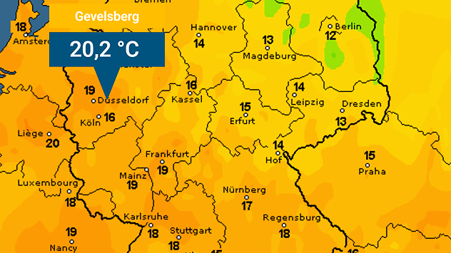 Farbkarte der Tiefstwerte in der Nacht zum Montag