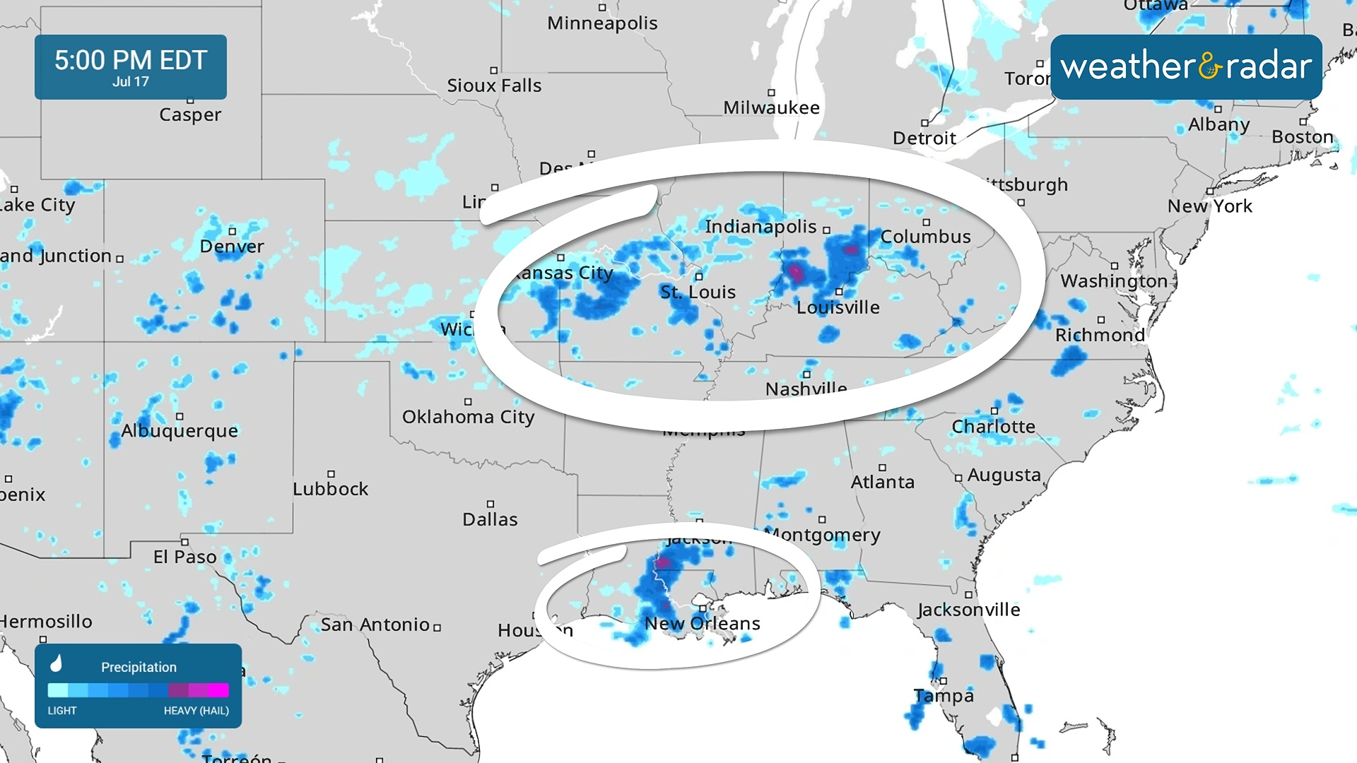 Heavy rain can be tracked using the RainRadar. Purple indicates heavy rain. We'll see downpours across the Ohio and Tennessee Valleys and north-central Gulf Coast today.
