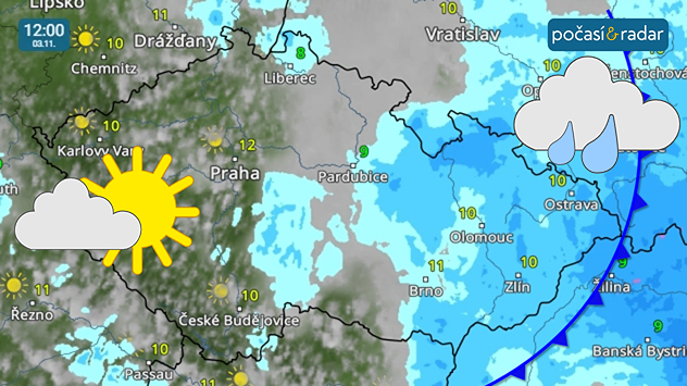 Meteoradar, screenshot, 3. 11. 12:00: Během pondělního dne bude na východě území ještě doznívat déšť odcházející studené fronty, zatímco na západě území se bude obloha pozvolna projasňovat.