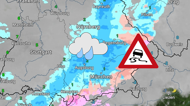 WetterRadar mit blauen Regen- und rosa Eisbereichen über Bayern. Hellrosa markiert gefrierenden Regen. Warnsymbol zeigt erhöhte Glättegefahr.