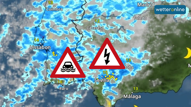 WetterRadar zeigt kräftige Regen- und Gewittergüsse im Südwesten Europas - Unwettergefahr
