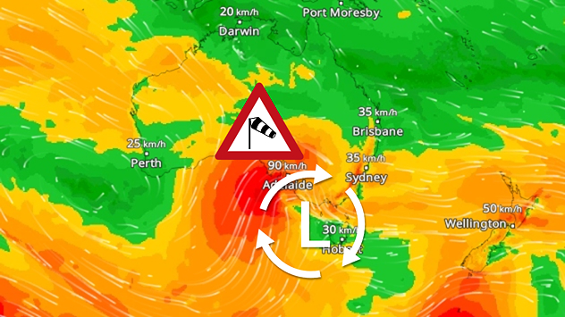 Windradar met stormfront boven Zuid-Australië, gekleurde windvelden en waarschuwingssymbool bij Adelaide.