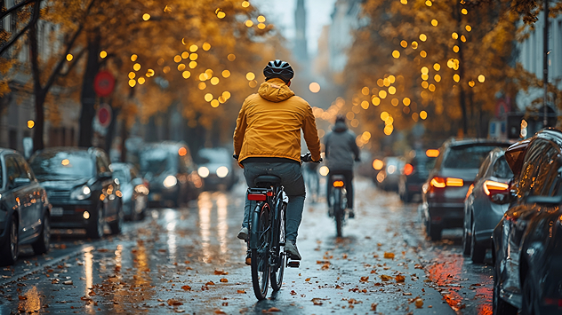 Radler unterwegs auf einer herbstlich nassen Straße.