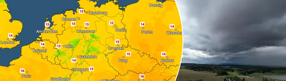 Links zeigt eine Wetterkarte Temperaturen zwischen 12 und 15 Grad in Deutschland. Rechts sind dunkle Regenwolken über einer Landschaft zu sehen.