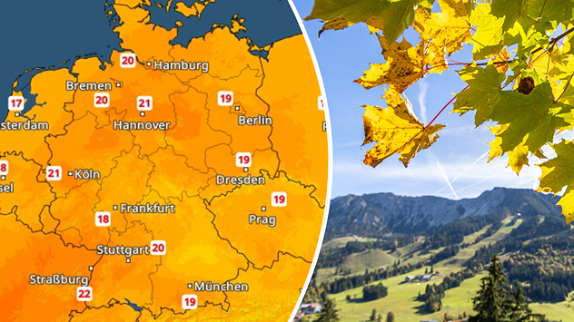 Zweigeteilte Grafik mit dem TemperaturRadar und einer herbstlichen Berglandschaft. Links zeigt die Karte Höchstwerte von meist 18 bis 22 Grad in Deutschland. Rechts leuchten gelbe Herbstblätter vor einem blauen Himmel und einer Bergkulisse.