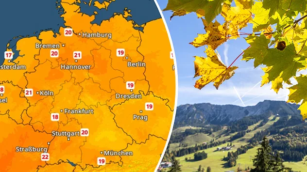 Zweigeteilte Grafik mit dem TemperaturRadar und einer herbstlichen Berglandschaft. Links zeigt die Karte Höchstwerte von meist 18 bis 22 Grad in Deutschland. Rechts leuchten gelbe Herbstblätter vor einem blauen Himmel und einer Bergkulisse.