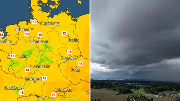 Links zeigt eine Wetterkarte Temperaturen zwischen 12 und 15 Grad in Deutschland. Rechts sind dunkle Regenwolken über einer Landschaft zu sehen.
