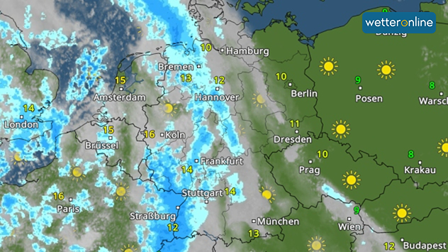 Wetterkarte mit Regen über Westdeutschland und Sonne im Osten.