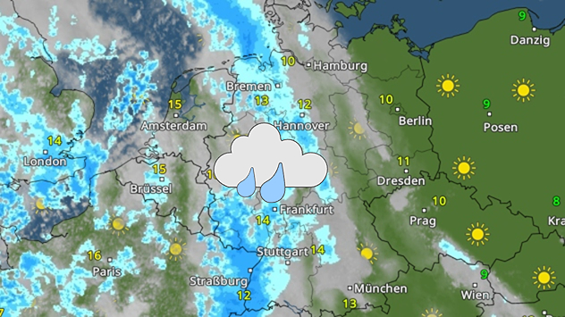 Wetterkarte mit Regen über Westdeutschland und Sonne im Osten.