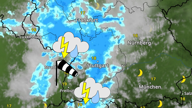 WetterRadar mit kräftigem Regen und möglichen Gewittern im Südwesten Deutschlands.
