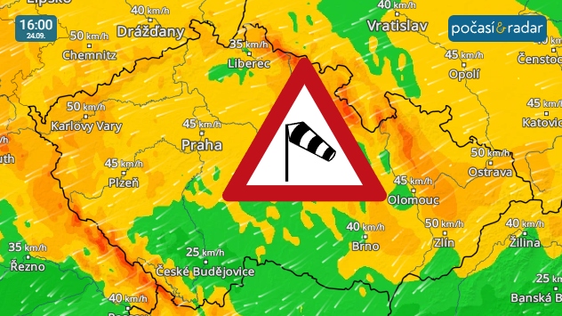 Větrný radar, screenshot, 24. 9 16:00: V Česku bude výrazněji zesilovat severovýchodní vítr.