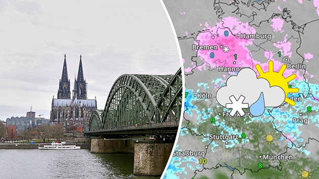 Geteilte Grafik: links der Kölner Dom mit Hohenzollernbrücke am Rhein, rechts eine WetterRadar-Karte mit Schnee-, Regen- und Sonne-Wolken-Symbolen.