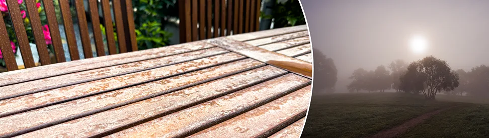 Links: Gartentisch mit Saharastaub. Rechts: Vom Saharastaub getrübter Himmel.