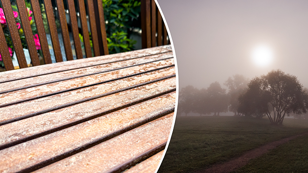 Links: Gartentisch mit Saharastaub. Rechts: Vom Saharastaub getrübter Himmel.