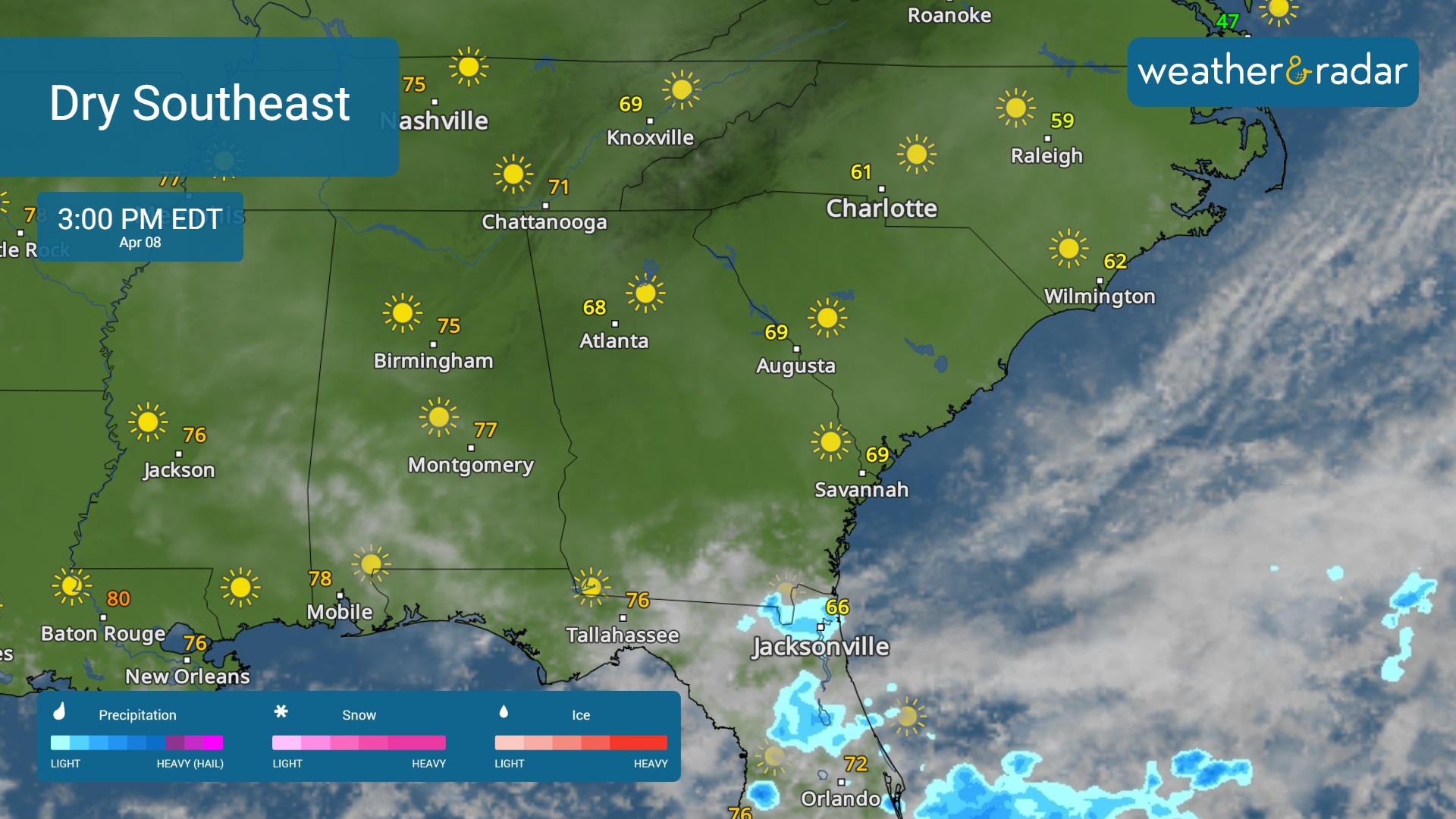 The WeatherRadar shows dry conditions across much of the Southeast.