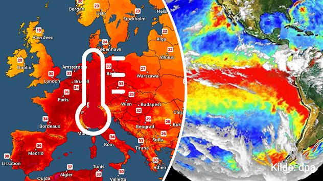 VejrRadar over Europa med hedebølge kombineret med kort over El Niño og varme havtemperaturer i Stillehavet.