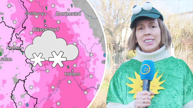 Rechts eine verkleidete Wettermoderatorin, links eine Wetterkarte mit Schneefällen.