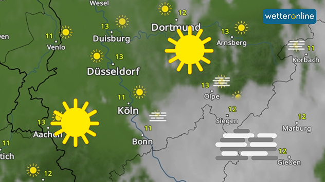 Die Wetterkarte zeigt Sonne über Nordrhein-Westfalen mit Höchstwerten um 13 Grad. In Südwestfalen treten Nebelfelder auf, vor allem bei Siegen und Marburg.