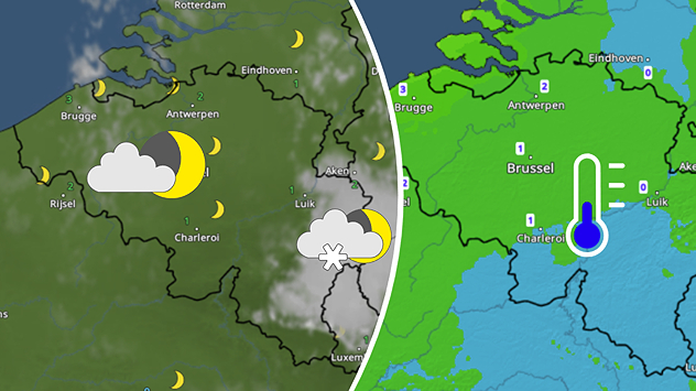 Links een afbeelding van de WeerRadar die brede opklaringen toont (symbool hiervan met maan en wolkje ingetekend). Rechts de groen/blauwe TemperatuurRadar (blauw thermometersymbool ingetekend). 
