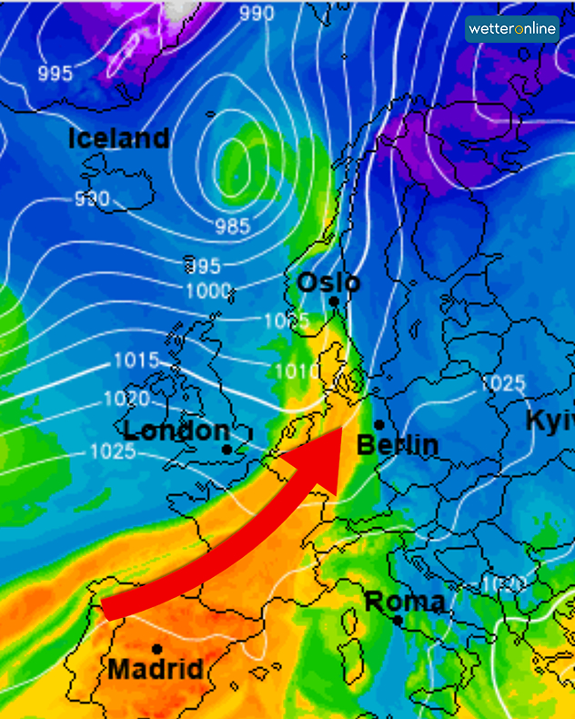 Die Karte zeigt milde Luft in Orange und kalte Luft in Blau. Milde Luft strömt im Wochenverlauf aus Südwesten über Spanien und Frankreich nach Deutschland.