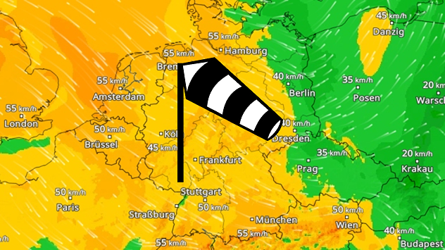 Wetterkarte zeigt starke Winde über Deutschland. Höhere Geschwindigkeiten im Westen, schwächer im Osten.