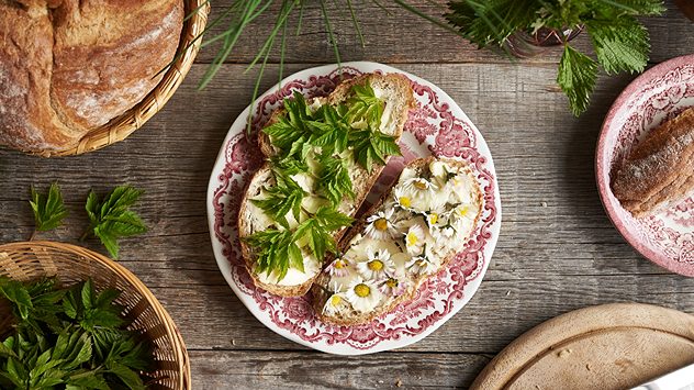 Zwei Brotscheiben mit Butter, Wildkräutern und Gänseblümchen auf verziertem Teller, daneben frisches Brot und Kräuter auf Holztisch. (c) Madeleine Steinbach/Shutterstock.com